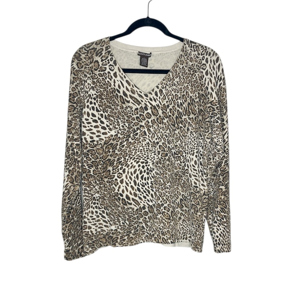 ELLIOTT LAUREN Silk and Cashmere Blend Leopard Print V Neck Sweater size XL